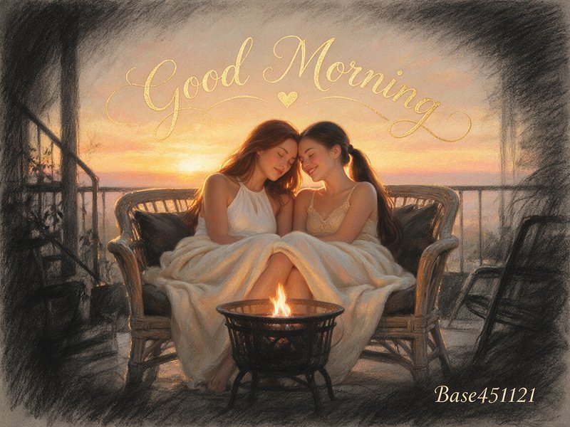 [Soft pastel Good Morning illustration of two women cuddling on a sunrise balcony beside a small glowing fire pit]