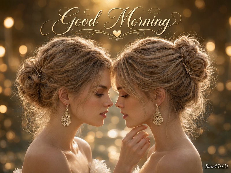 Good Morning greeting graphic with two elegant blonde women touching foreheads against a warm golden bokeh background