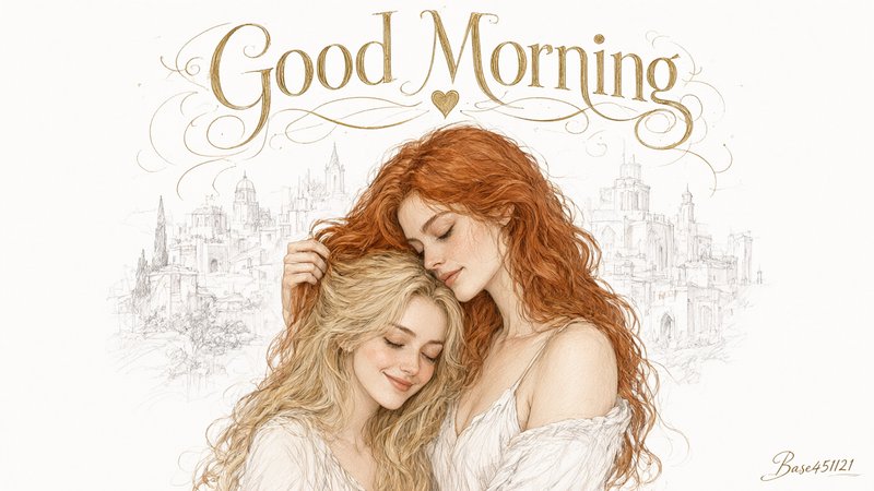 Ornate "Good Morning" greeting illustration of two affectionate embracing women, faint sketched city backdrop