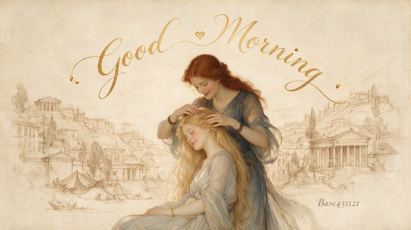 [Vintage good morning illustration showing two gentle women, one styling the other's hair, with sketched classical city ba...