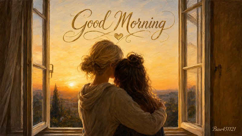 Impressionistic "Good Morning" painting of two people embracing while looking out an open window at a glowing golden