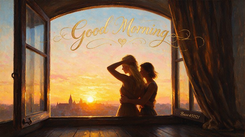Impressionist oil painting of a couple embracing at an open window, watching golden sunrise, with elegant "Good Morning" c...