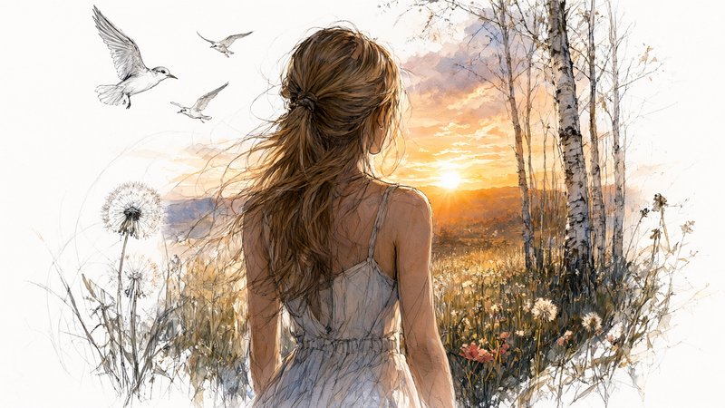 Watercolor sketch of a young woman from behind, standing in a meadow watching golden sunset with birch trees and flying bi...