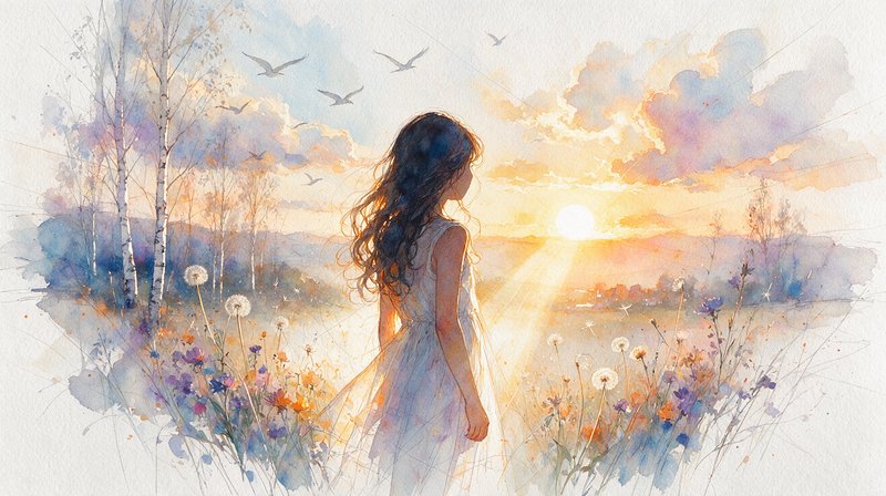 [Soft watercolor of a young girl in a flowing dress standing in a wildflower meadow gazing at a golden sunset]