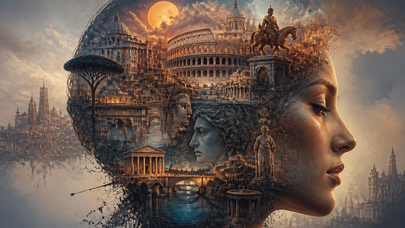 [Surreal double exposure art merging a woman's profile with ancient Roman landmarks under a glowing full moon sky.]