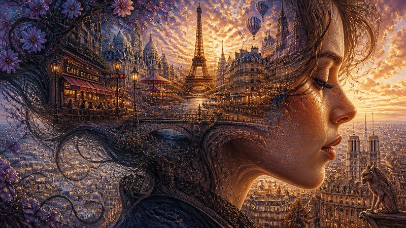 Surreal double exposure of a woman's profile merging with a golden sunset Paris cityscape featuring the Eiffel Tower.