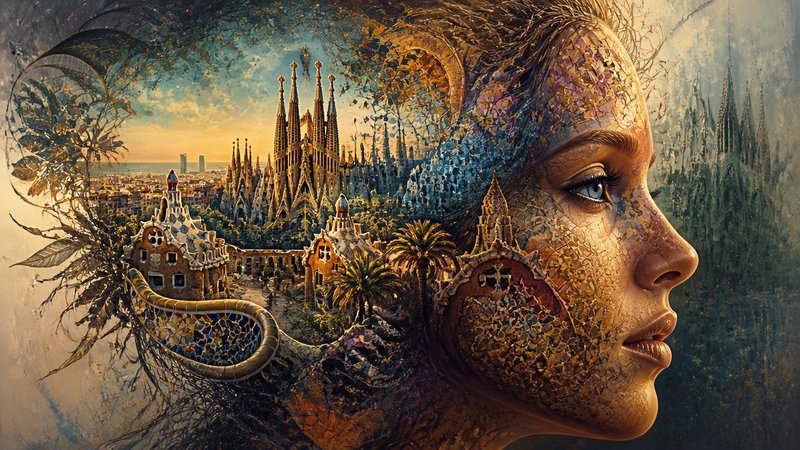 [Surreal double exposure portrait of a woman merging with a Barcelona skyline of iconic Gaudi landmarks at sunset]