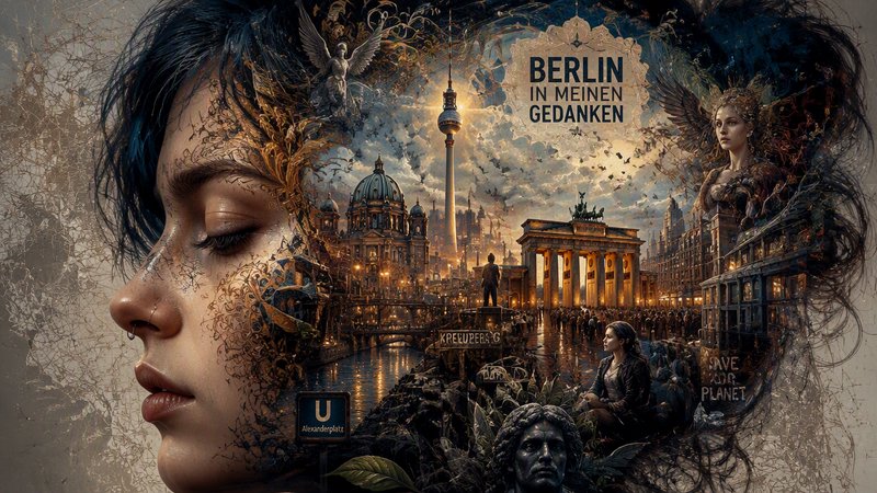 [Surreal double exposure portrait of a woman merging with iconic Berlin landmarks, with "Berlin in meinen Gedanken" text a...