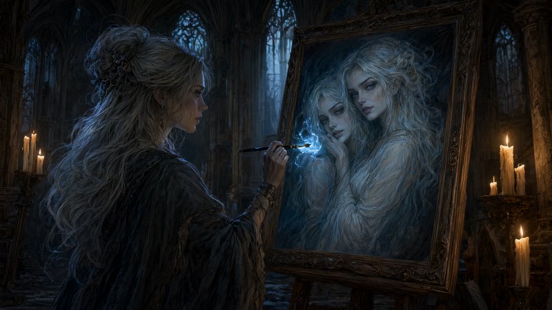 Silver-haired magical painter uses a glowing enchanted brush to create an ethereal twin portrait in a candlelit gothic cha...
