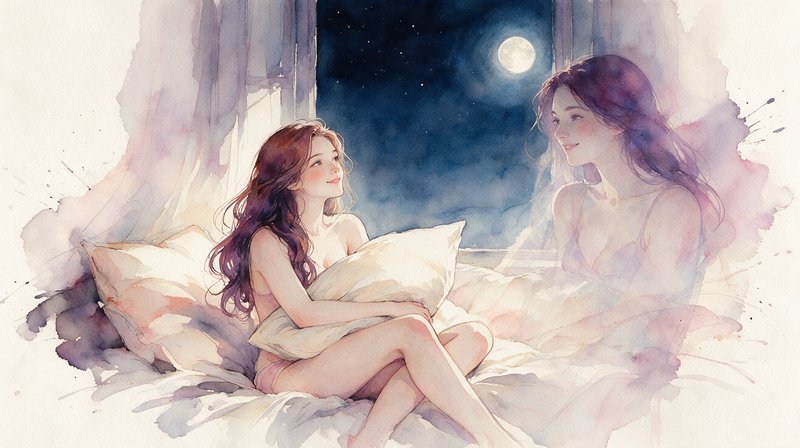 Soft watercolor illustration of a woman sitting in bed smiling at her ethereal reflection beside ...