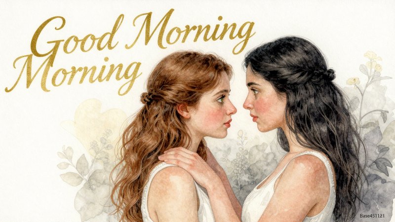 [Soft watercolor "Good Morning" greeting illustration of two tender women gazing at each other, with delicate floral accents]