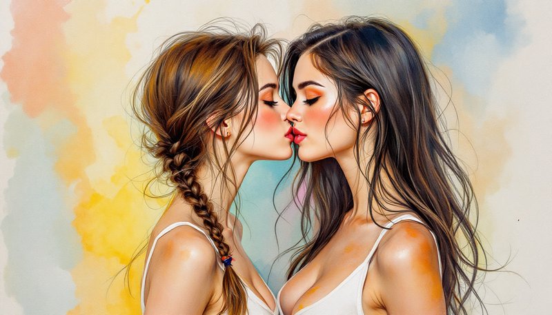 Soft watercolor portrait of two young women sharing a gentle, tender kiss against a blended paste...
