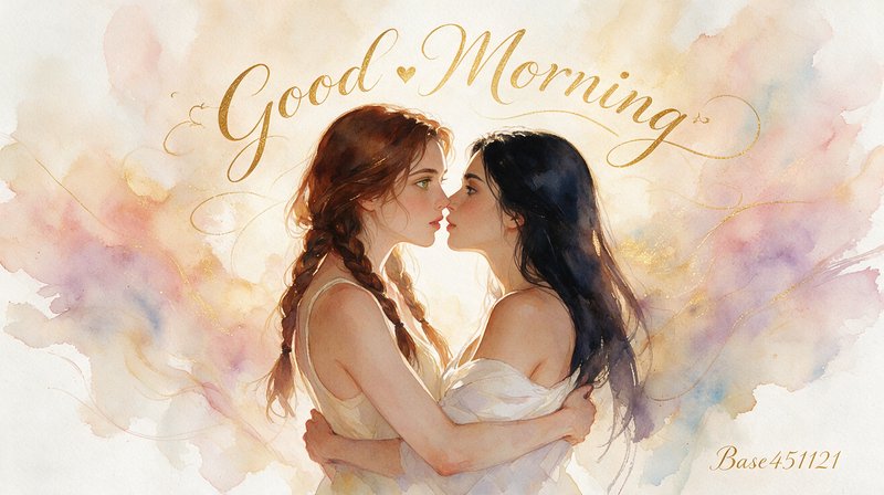 Soft watercolor illustration of two embracing women moments from a kiss, with gold "Good Morning"...