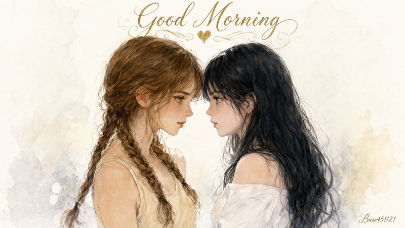 Soft watercolor illustration of two young women facing tenderly, with golden "Good Morning" cursi...