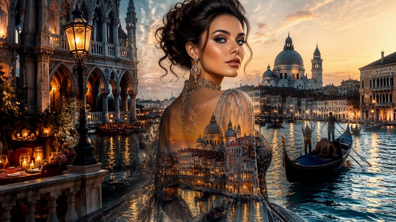 Double exposure portrait of elegant woman blended with Venice Grand Canal golden sunset cityscape