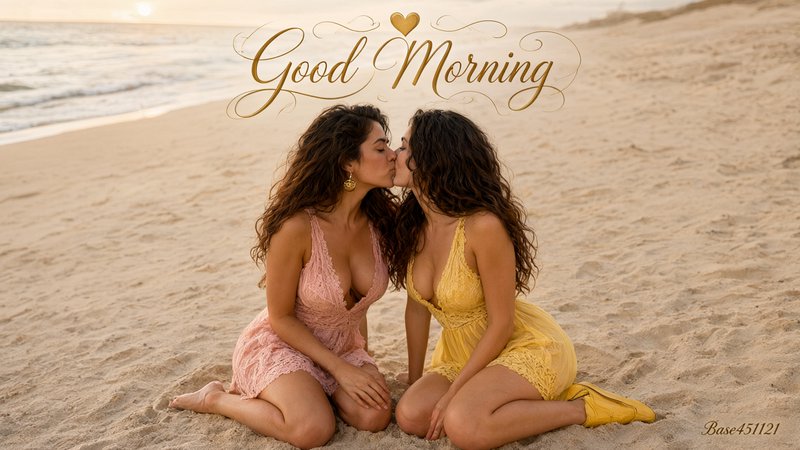 Good Morning greeting graphic of two women kissing while seated on a sandy beach at golden sunrise