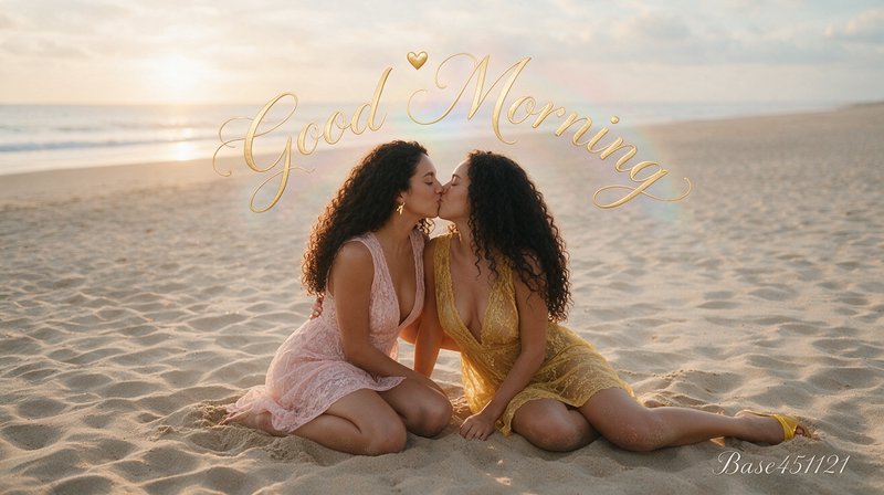 Golden cursive "Good Morning" text above a loving couple sharing a kiss on a sunlit sandy beach a...