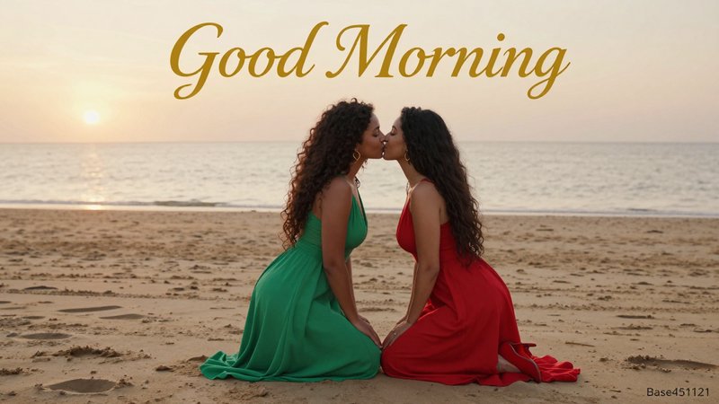 Cursive gold "Good Morning" text above two women kissing on a sandy beach at soft golden sunrise.