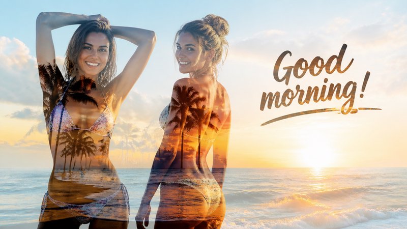 Double exposure art of smiling women at a tropical sunrise beach with palm trees, "Good morning!"...