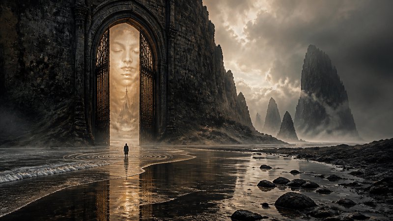 Silhouetted figure stands before a glowing gothic portal displaying a giant serene face, on a mis...