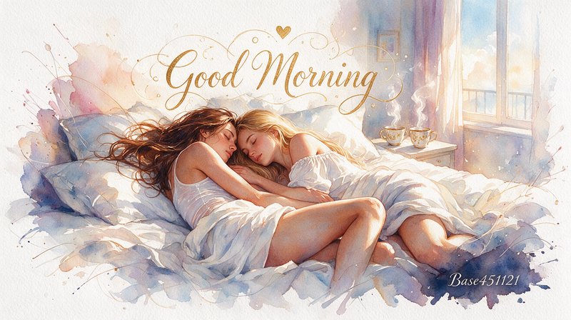 Watercolor "Good Morning" illustration of two women cuddling asleep in a sunlit bed beside steami...