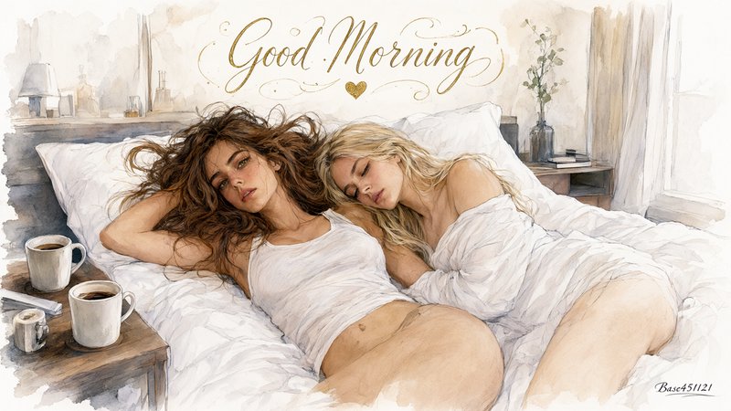 Soft watercolor illustration of two women resting in bed, golden "Good Morning" script above, cof...