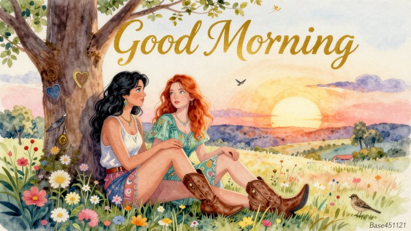 Watercolor Good Morning illustration of two women sitting under a tree in a wildflower meadow at ...