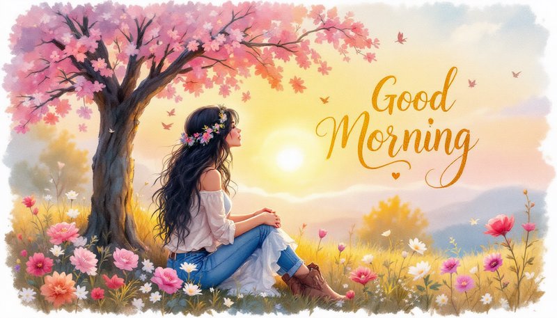 Watercolor illustration of woman with flower crown sitting under cherry blossom tree at sunrise w...