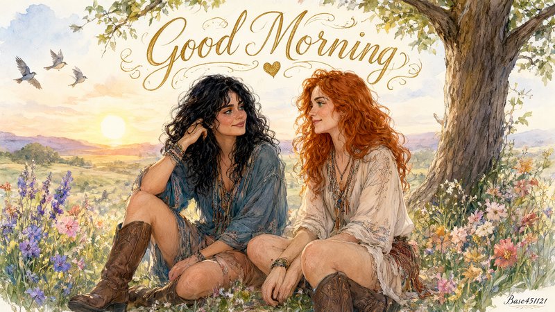 Watercolor "Good Morning" greeting art of two boho women sitting in a wildflower meadow at golden...