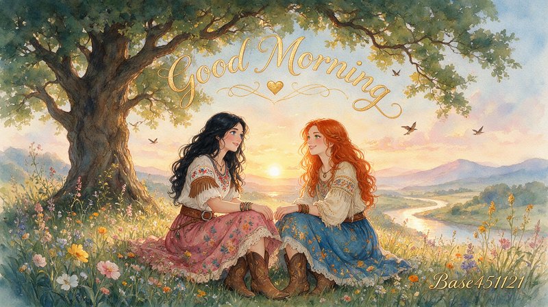 Watercolor Good Morning illustration of two friends sitting under an oak tree on a wildflower hil...