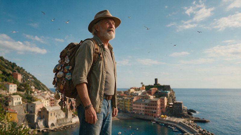Elderly hiker with charmed backpack overlooks colorful Cinque Terre coastal village on a sunny Me...