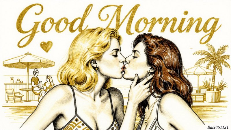 Pen and gold accent illustration of a sapphic couple kissing, with glittering "Good Morning" text...