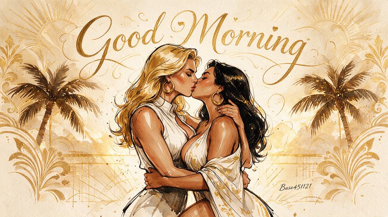 Elegant watercolor illustration of two women kissing, with glittering gold "Good Morning" text ab...