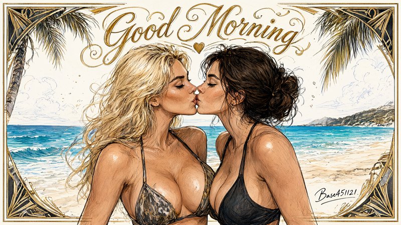 Ornate Good Morning greeting illustration of two women kissing on a tropical beach, framed by dec...