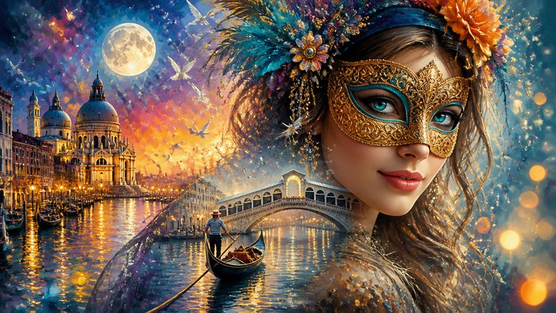 Double exposure artwork of woman in ornate Venetian carnival mask overlaying a moonlit Venice Gra...