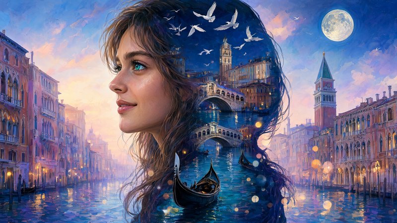 Surreal double exposure painting of a woman's profile with a glowing Venice cityscape flowing ins...