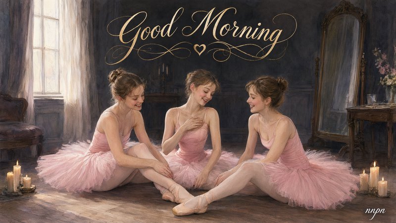 Good Morning greeting illustration of three smiling ballerinas in pink tutus sitting in a sunlit ...