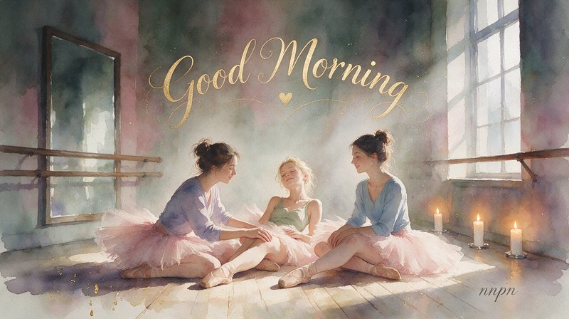 Watercolor illustration of three resting ballerinas in a sunlit dance studio with gold "Good Morn...