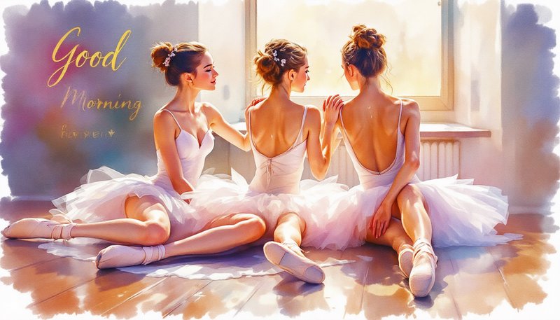 Watercolor illustration of three ballerinas in tutus sitting by a sunlit studio window, with "Goo...