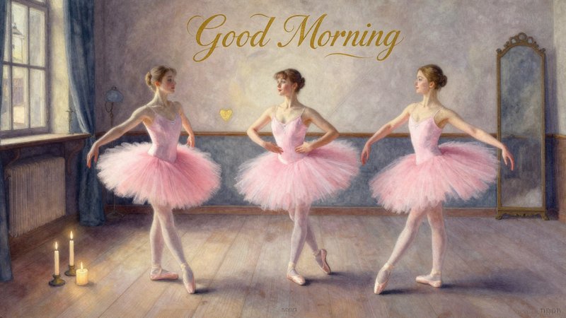 Impressionist painting of three ballerinas in pink tutus in a sunlit studio with gold "Good Morni...