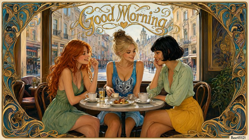 Art Nouveau illustration of three female friends having coffee at a Parisian cafe, framed with de...