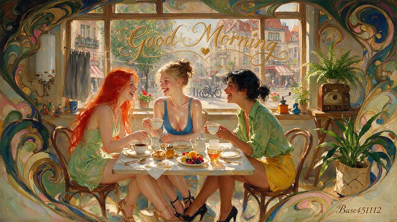 Art nouveau painting of three laughing women sharing breakfast at a sunlit cafe, with "Good Morni...
