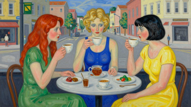 Stylized folk art painting of three women drinking tea at an outdoor sidewalk city cafe table.