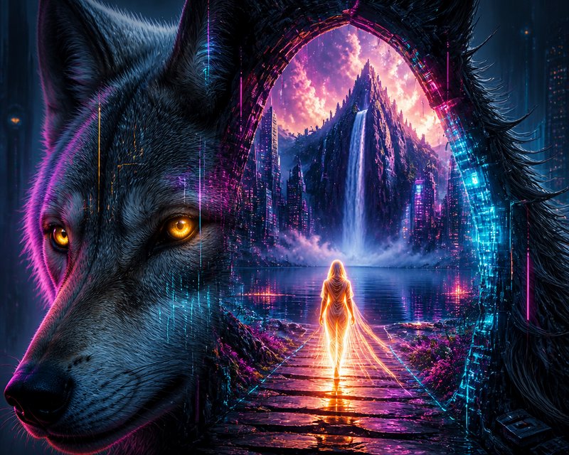 Close-up of a golden-eyed cyberpunk wolf framing a neon portal, with a luminous glowing figure walking into a surreal fant...