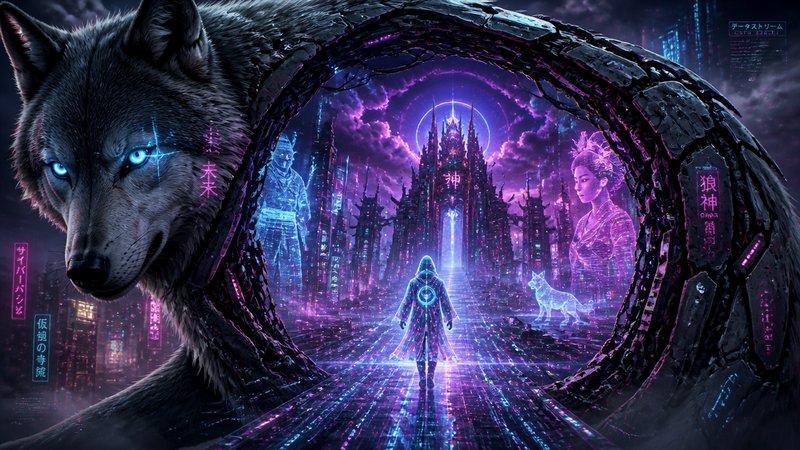 Giant cyber wolf with glowing blue eyes frames a neon portal to a futuristic fantasy city, hooded...