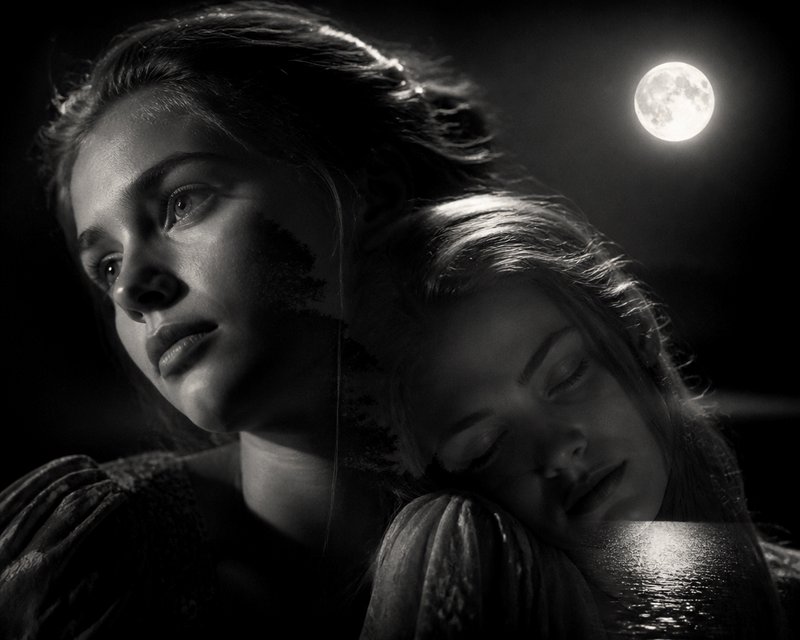 Black and white double exposure portrait of two women, glowing full moon, and layered night scene...