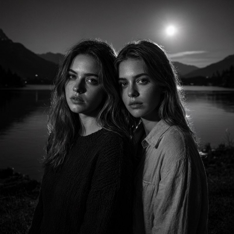 Monochrome portrait of two young women standing close together by a moonlit mountain lake at night