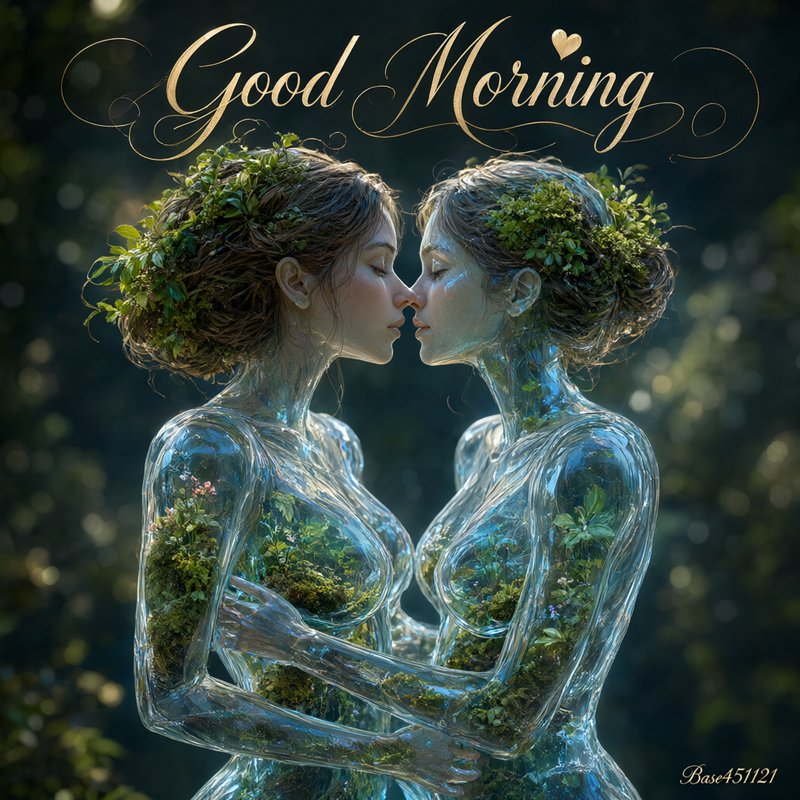 Ethereal Good Morning graphic of two translucent glass dryad women in a tender face-to-face embra...