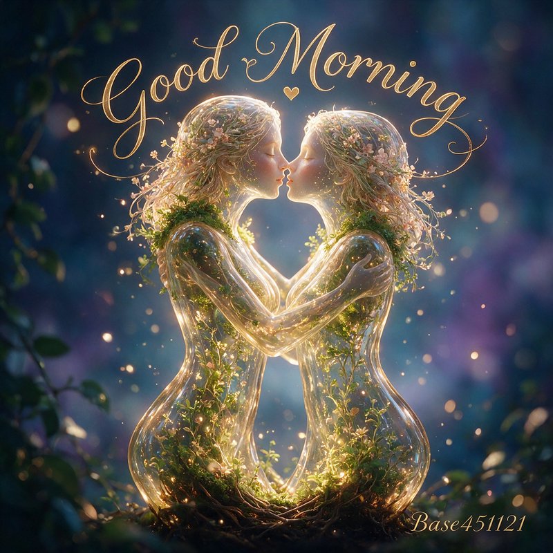 Golden cursive "Good Morning" text above embracing translucent glass fairy figures in a glowing e...
