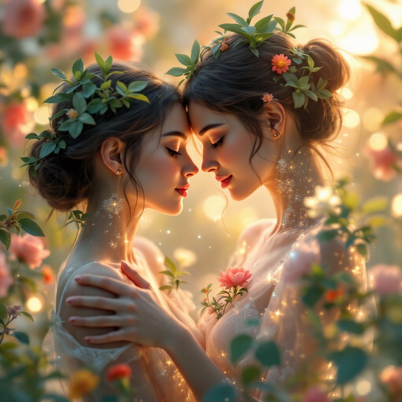 Two tender women with floral leaf crowns touch foreheads in an intimate embrace in a sunlit magic...